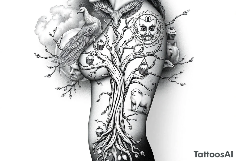 mystical tree of life with cosmic roots and celestial branches fat naked sexy woman , peacock , pig , cupcakes, liquor, cigerette, Storm clouds, pig, peacock , fat sexy naked fat woman, cupcakes, noose , money, goat lion, couple having sex, cigerette storm lightening, killing, darkness death, violent majestic creatures fat naked girl tattoo idea