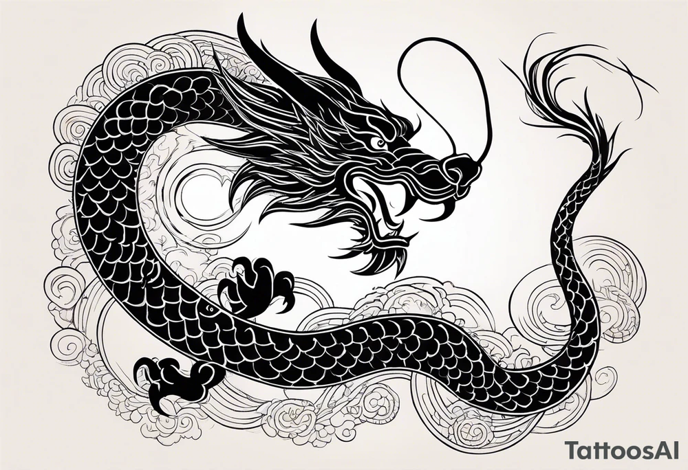 Create a detailed sketch of a Chinese dragon tattoo. The dragon should be depicted in a dynamic, serpentine pose, with its body coiled and flowing gracefully. Emphasize its ornate features: long, sinuous body covered in intricate scales, powerful claws, and a fierce, expressive face with prominent whiskers and a beard. Include traditional Chinese elements like clouds or waves to enhance the composition. Use clean lines and bold shading to ensure the design is suitable for a tattoo, with a focus on capturing the dragon's majestic and mythical qualities tattoo idea