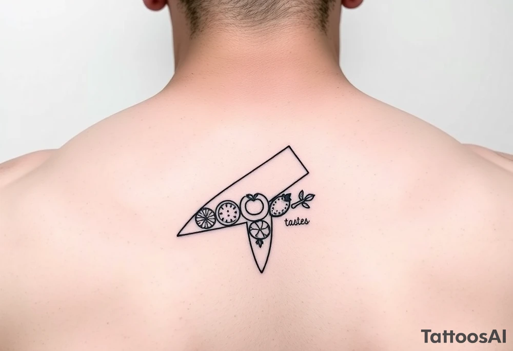 geometric fine line tattoo of a chefs knife with visual representation of the 5 tastes tattoo idea