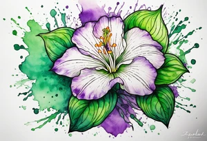 An outline of an only green rio dipladenia flower and a green and purple watercolor splash in the background tattoo idea