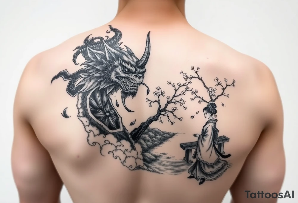 Fierce Japanese demon and geisha with cherry blossom tree river and stone bench tattoo idea
