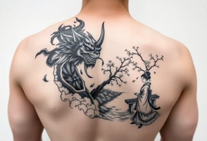 Fierce Japanese demon and geisha with cherry blossom tree river and stone bench tattoo idea