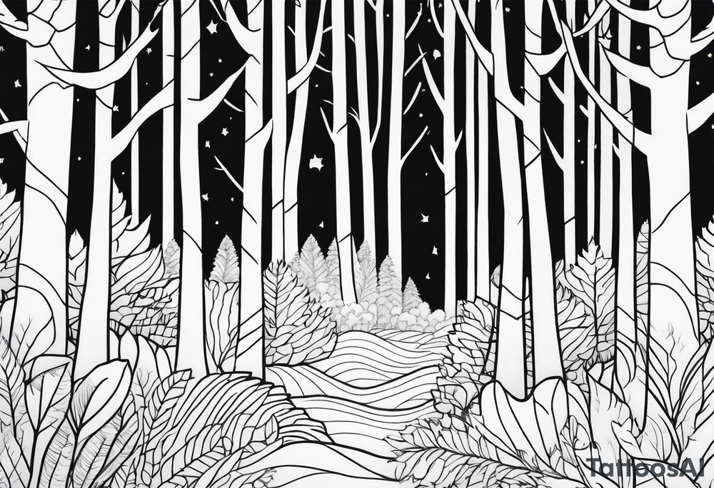 Draw me a Magical forest with s lot of trees in 2D and every tree is black and you see every trees leafs tattoo idea