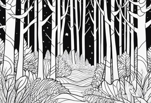 Draw me a Magical forest with s lot of trees in 2D and every tree is black and you see every trees leafs tattoo idea