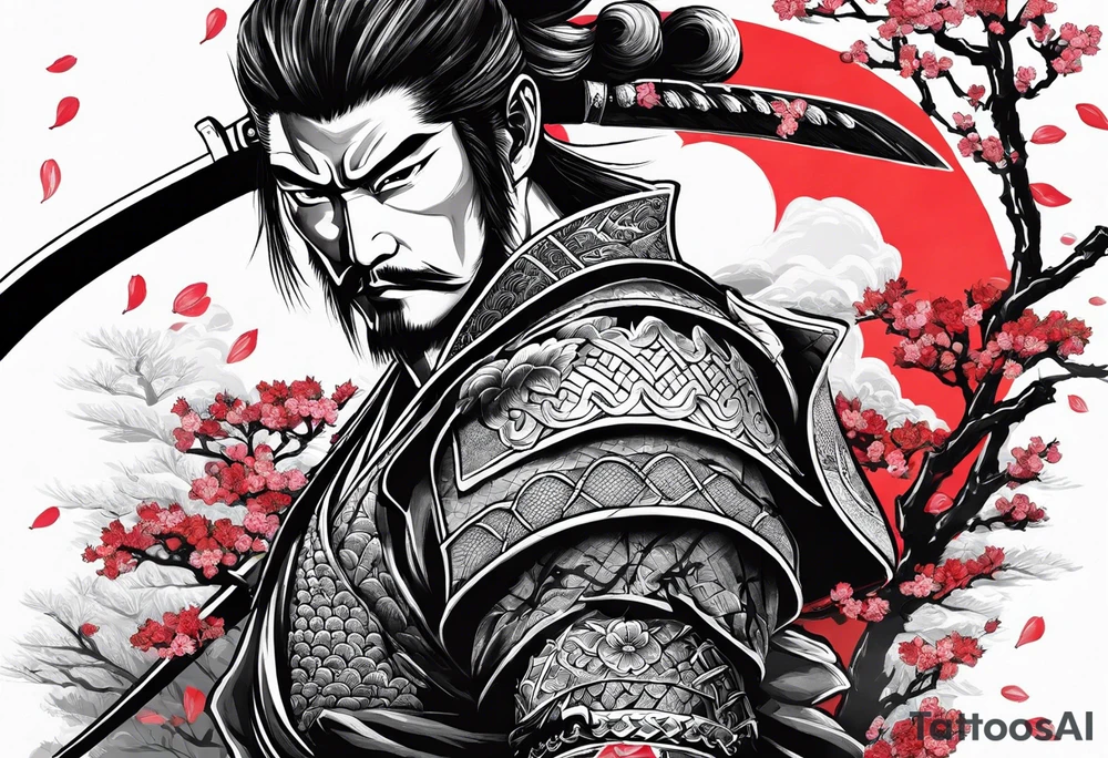 samurai with with in blood, for a forearm
Should contains sakura leaves 
The tatoo should show i have dedication, respect and inner strength, and I try to become better everyday tattoo idea