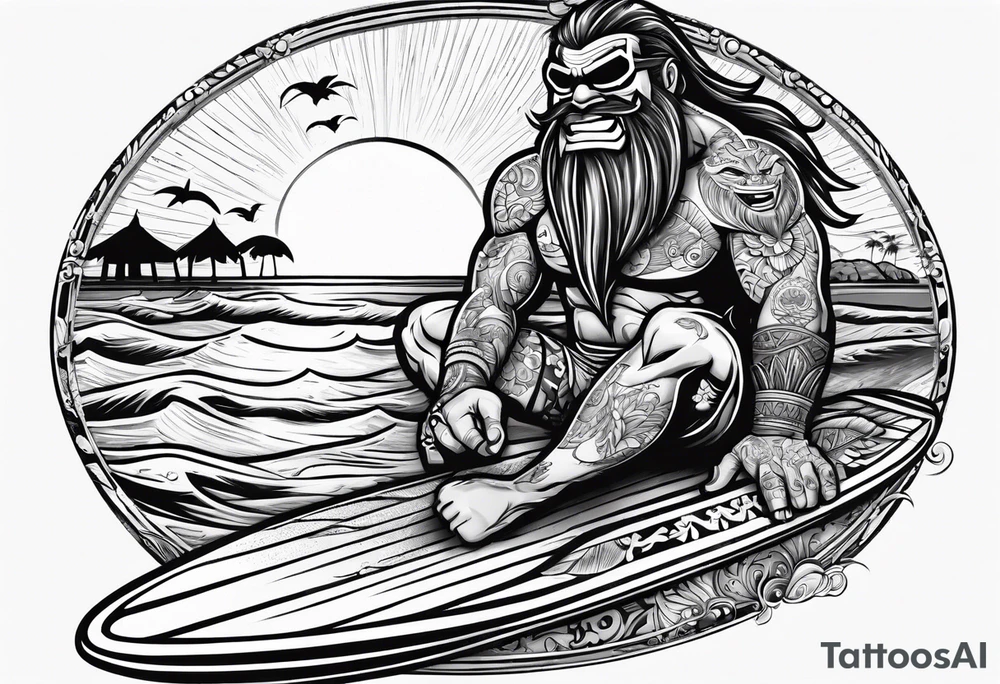 beachbum superhero on a surfboard with tiki guys tattoo idea