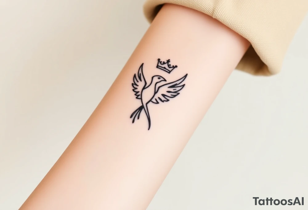 Minimal phoenix and crown fine lines tattoo idea