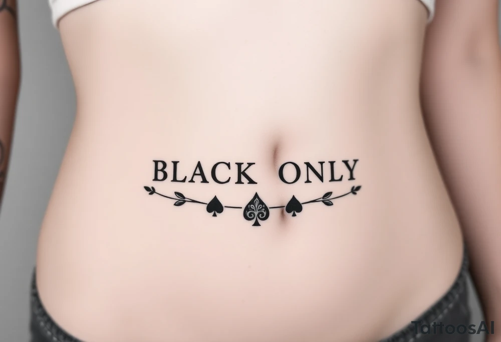 text reading "BLACK ONLY" across a womb tattoo decorated with spades tattoo idea