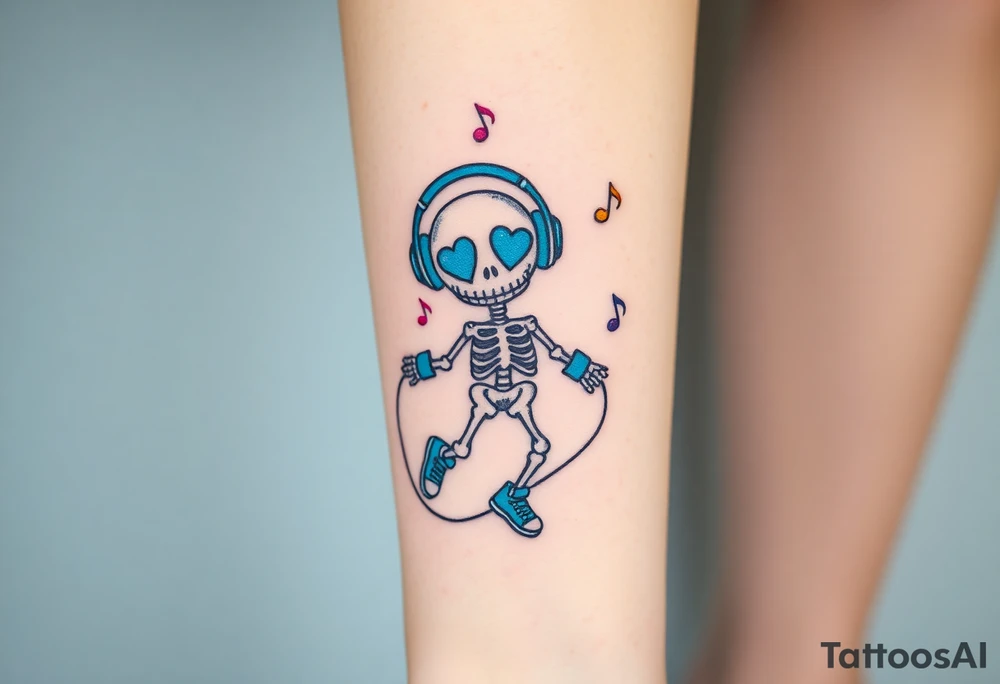 Cute smiley skeleton with heart shape eyes  jumping on a jump rope with both hands blue headphones blue armbands blue sneakers and colorful  music notes around his head tattoo idea