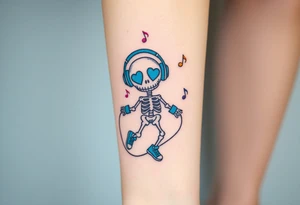 Cute smiley skeleton with heart shape eyes  jumping on a jump rope with both hands blue headphones blue armbands blue sneakers and colorful  music notes around his head tattoo idea