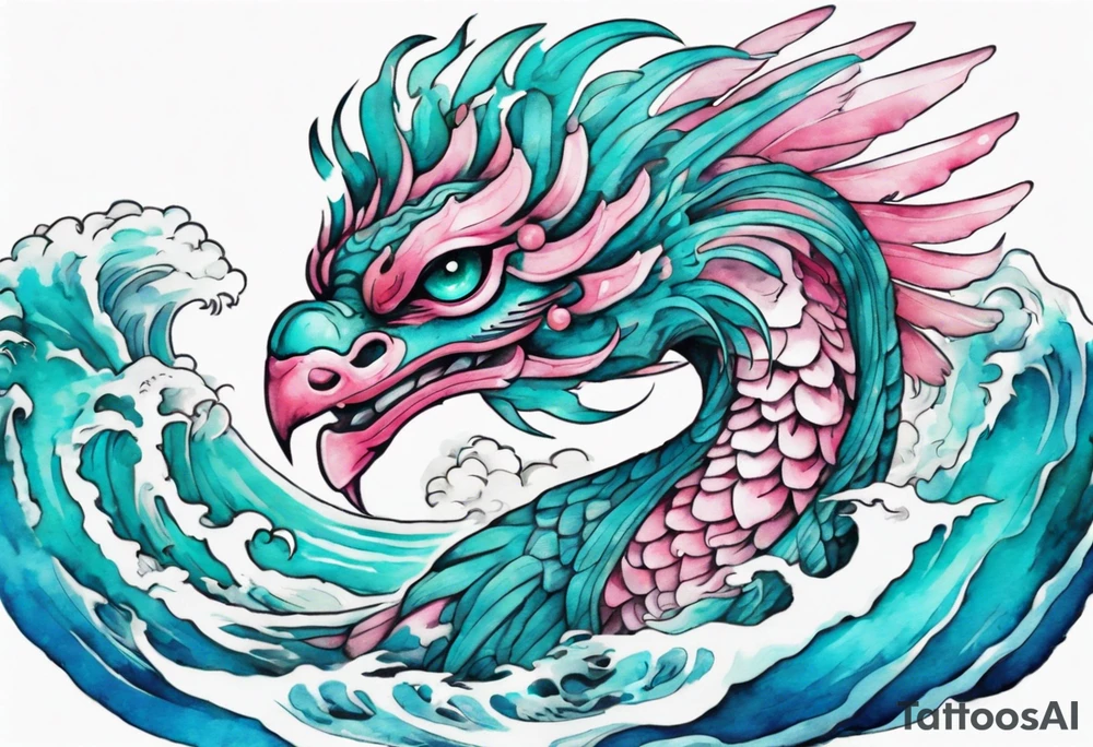 a turquoise and white and pink sea Quetzalcoatl with beautiful eyes emerging from the blue waves of the ocean tattoo idea