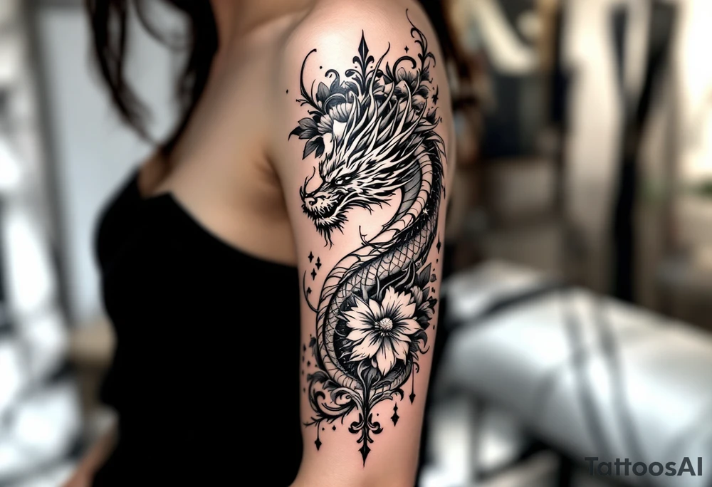 un dragon central entouré de fleurs de lys de style avec des ombrages dans un style assez fin tattoo idea