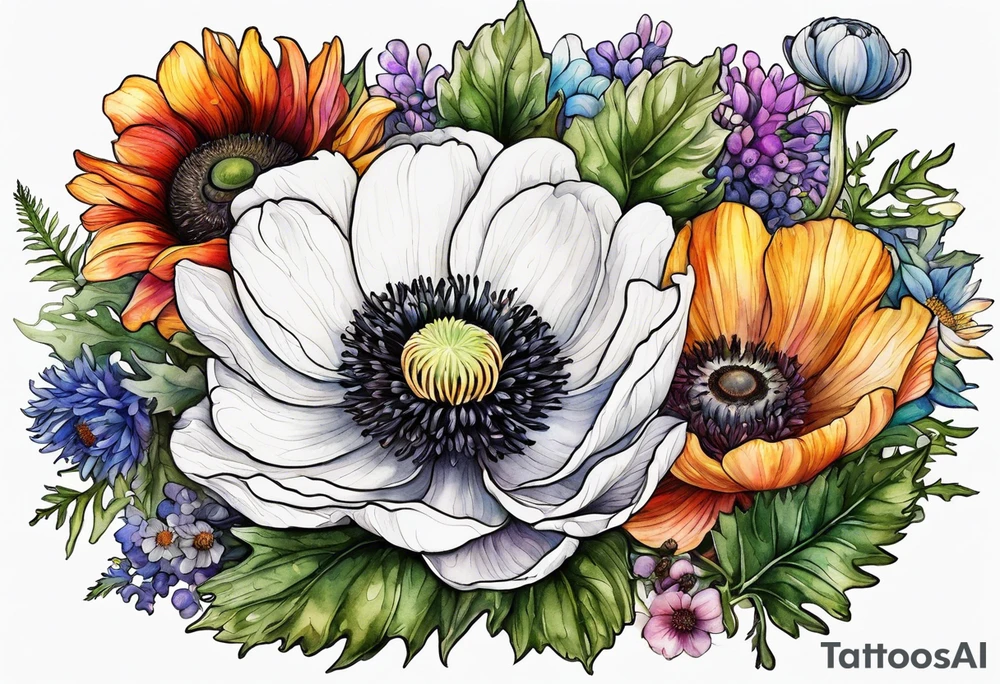 one white anemone with black center in the middle of mixed colorful wildflowers all with different shapes including thistles, ferns, ranuculus, and sun flowers all in watercolor tattoo idea