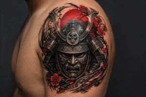 Pop black and grey samurai warrior mask, intricate details, shoulder. More big tattoo idea