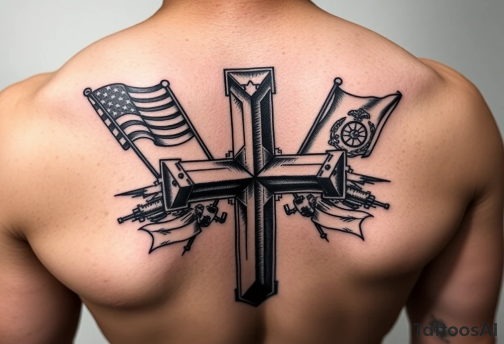 realistic military battlefield cross, with Navy and marine corps flags in the background tattoo idea