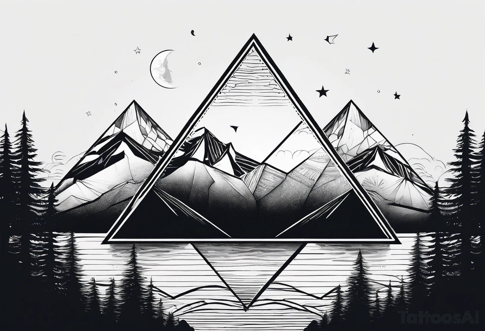 Two triangles, vertically mirroring each other. The top triangle has the a mountain landscape during the night and the Bottom one has beach sunset landscape. tattoo idea