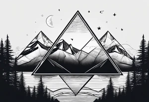 Two triangles, vertically mirroring each other. The top triangle has the a mountain landscape during the night and the Bottom one has beach sunset landscape. tattoo idea