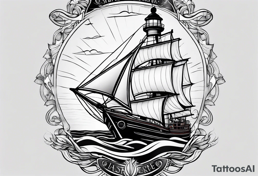 maritime lighthouse in a front view sailboat serving as a mast for a sail. tattoo idea