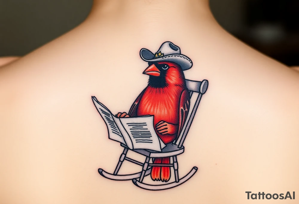 A cardinal wearing a cowboy hat, sitting in a rocking chair reading a newspaper tattoo idea