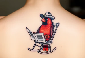 A cardinal wearing a cowboy hat, sitting in a rocking chair reading a newspaper tattoo idea