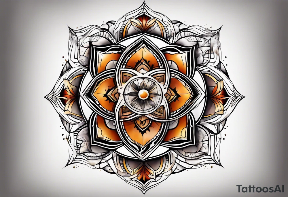 front knee tattoo with sacred geometry, swirls & washes, background and in fall colors tattoo idea