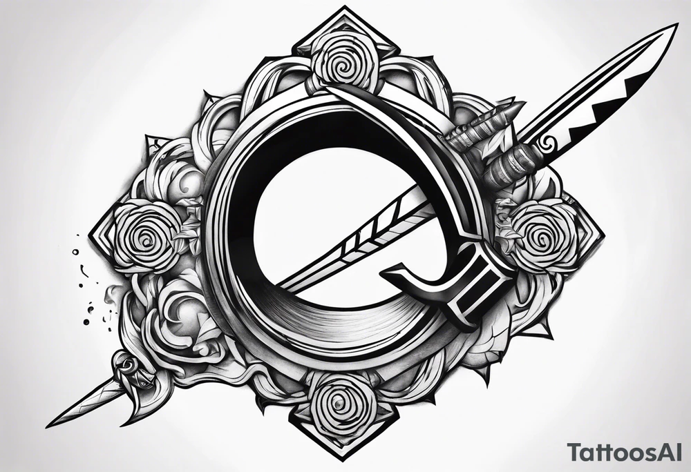 A kunai from Naruto with two bells around the ring tattoo idea A kunai from Naruto with two bells around the ring tattoo idea