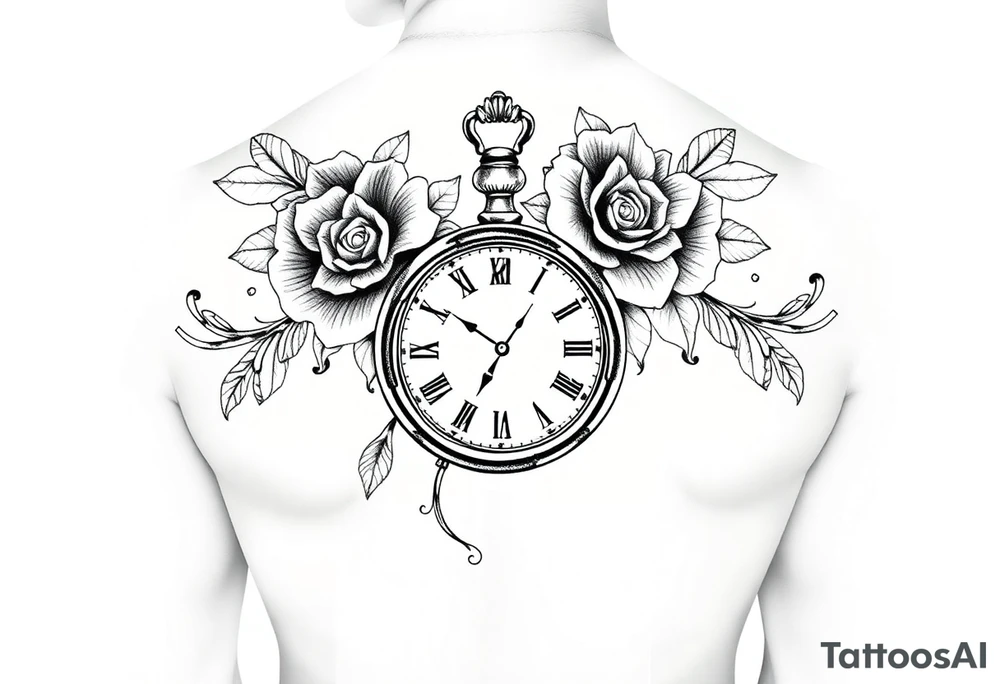 Female full sleeve black and white Mandela floral pocket watch tattoo idea