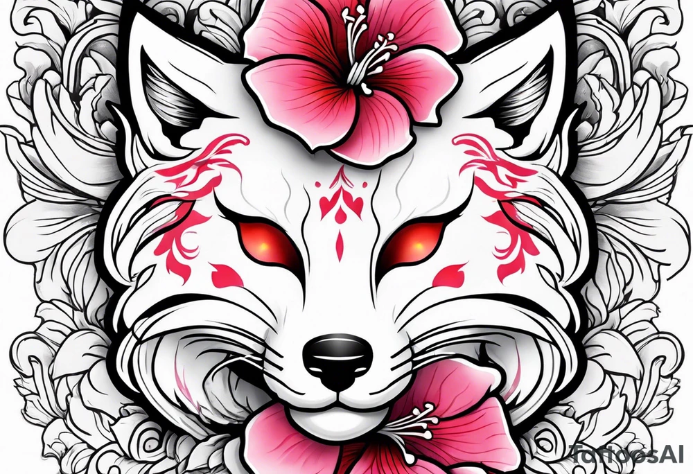 White kitsune mask with red accents and pink hibiscus flowers tattoo idea
