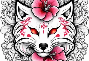 White kitsune mask with red accents and pink hibiscus flowers tattoo idea