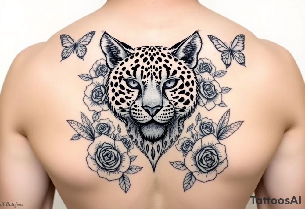 Elegant majestic feline surrounded by rose ornaments and butterflies tattoo idea