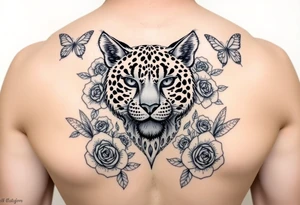 Elegant majestic feline surrounded by rose ornaments and butterflies tattoo idea