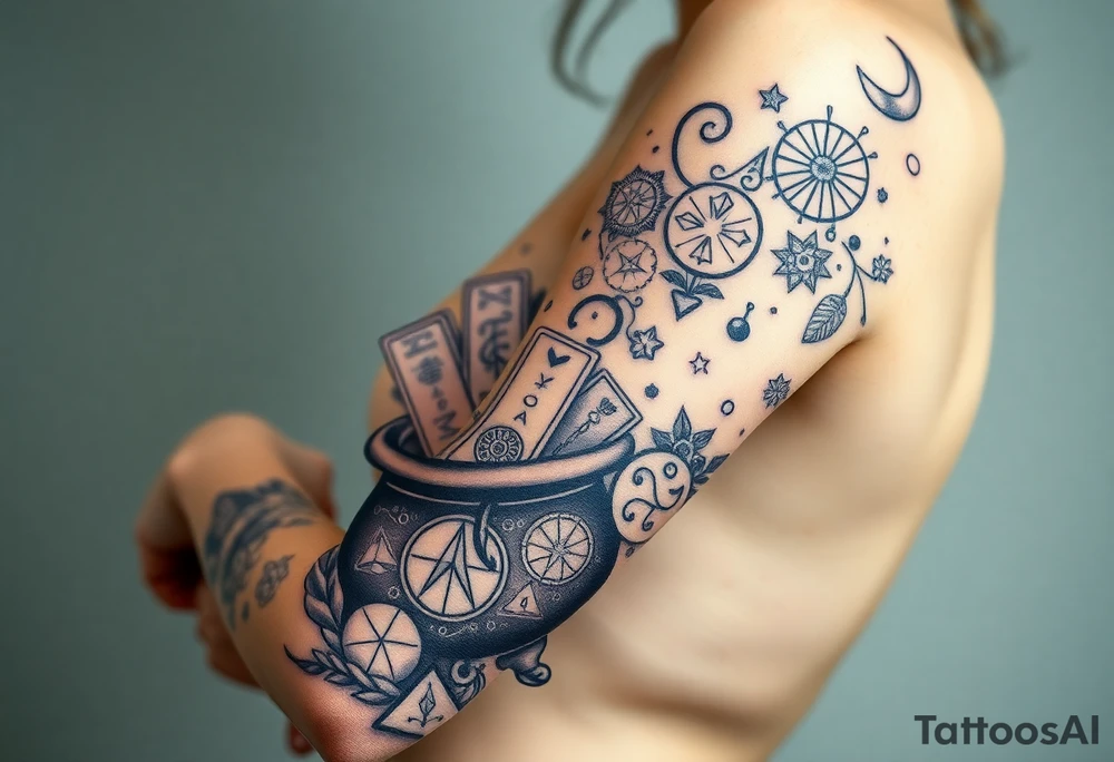 Milky way filled with zodiac symbols runes tarot cards coming out of a cauldron tattoo idea