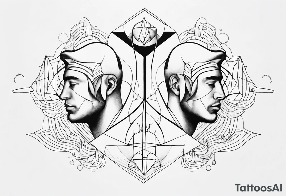 Men's chest tatto with two psychedelic entities facing each other, meaning that only  their sides are visible. Very mininalistic and more abstract rather than realistic tattoo idea