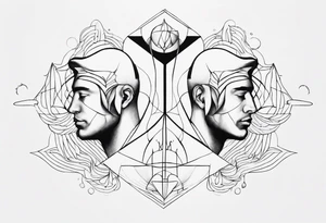 Men's chest tatto with two psychedelic entities facing each other, meaning that only  their sides are visible. Very mininalistic and more abstract rather than realistic tattoo idea