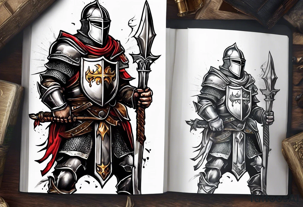knight holding a bible over his head in combat tattoo idea