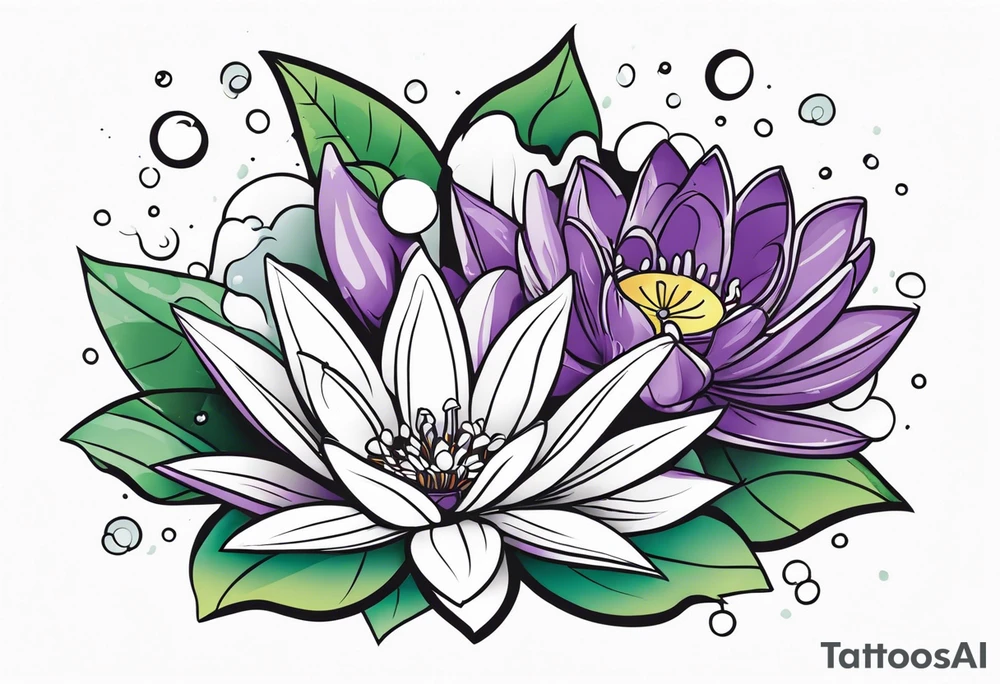 bouquet of violet, water lily, and holly tattoo idea