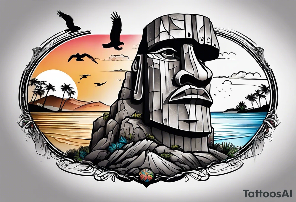Upper arm piece of Easter island heads with an island landscape and hawk circling above tattoo idea