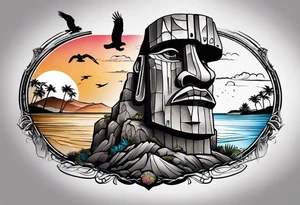 Upper arm piece of Easter island heads with an island landscape and hawk circling above tattoo idea