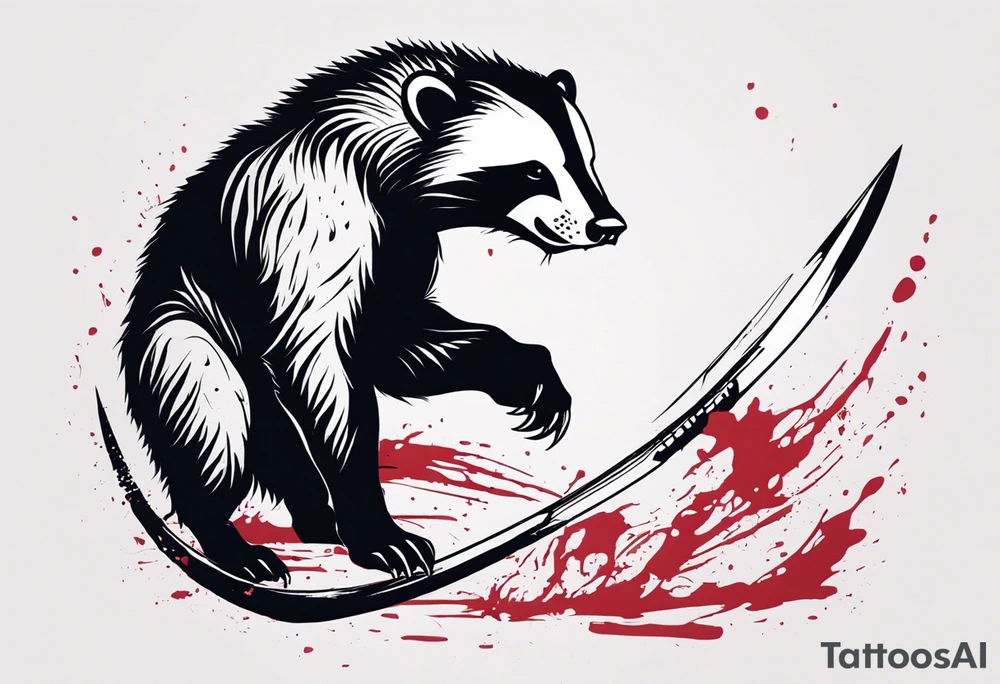 Draw me psychopath Fearless Honey Badger/Berserker with aggressive full body, killer face with a scary smile, very long nails and he attacks like a Bloody Assassin/Warrior/Gladiator to us and also, he has very deadly looking. He fights with his nails only. Everybody scares after their first sight. Give me horror type Badger Tattoo. I want to see his Realistic full body with no weapons. You can show destruction at the back. tattoo idea