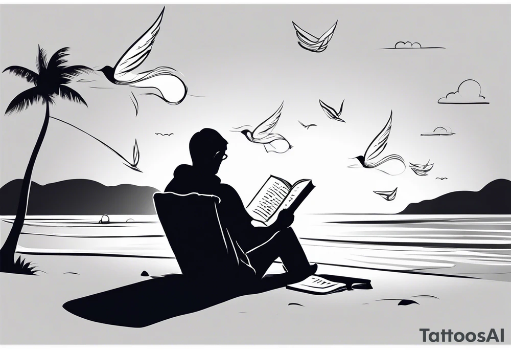 Someone is sitting on the beach reading a book and the pages are flying in the wind, the purpose of the tattoo is to emphasize that just as the pages are flying in the wind, you also have to flip through situations in life tattoo idea