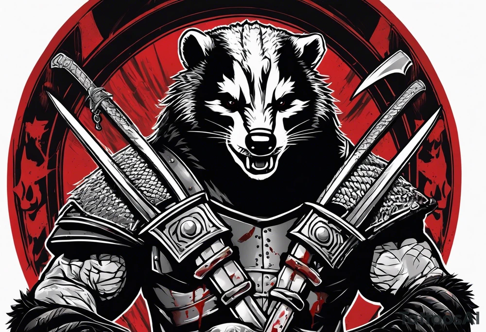 Draw me psychopath Honey Badger/Berserker with aggressive full body, killer face with a scary smile, very long nails and he attacks like a Bloody Assassin/Warrior/Gladiator to us and also, he has very deadly looking. He fights with his nails only. Everybody scares after their first sight. Give me horror type Badger Tattoo. I want to see his Realistic full body with no weapons. You can show destruction at the back. tattoo idea