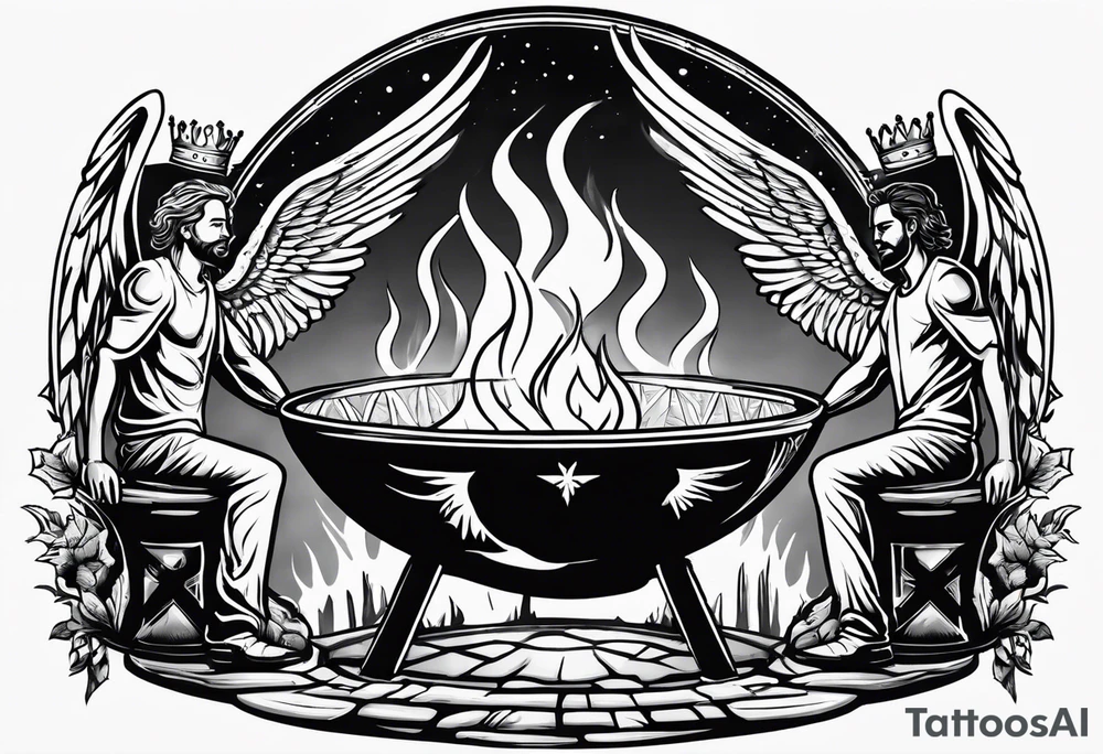 3 men holding hands in a big fire pit with an angel in the background with the word kings on top of it with a crown on top of that tattoo idea