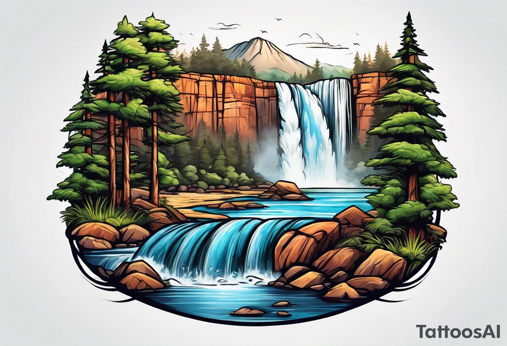 waterfall going into a river with a camp site in Australia tattoo idea