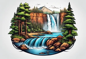 waterfall going into a river with a camp site in Australia tattoo idea