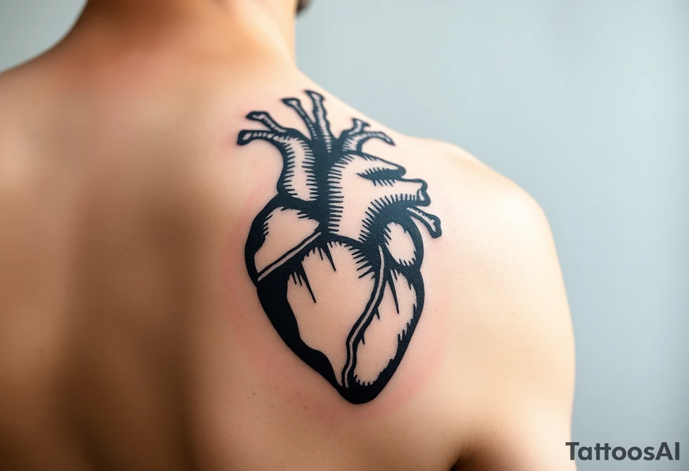 woodcut realistic heart tattoo on back of tricep tattoo idea