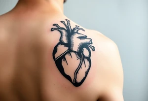 woodcut realistic heart tattoo on back of tricep tattoo idea