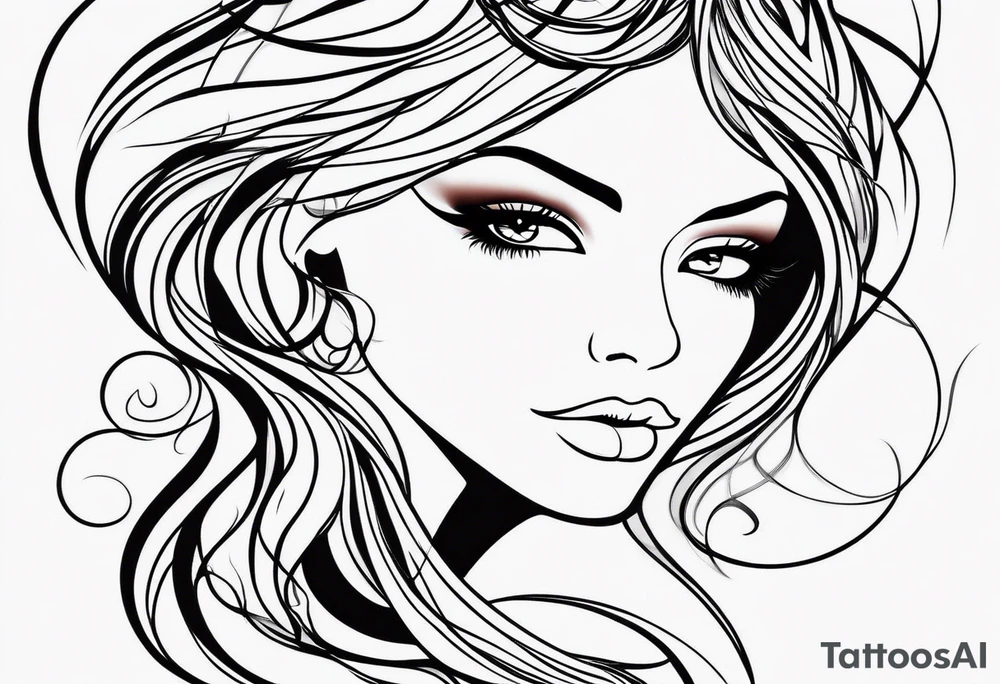 a line tattoo style design of a beautiful woman. The design features elegant lines that capture the essence of the woman’s features and form. It’s set against a white background, emphasizing the clean and minimalistic approach of the line art. The design focuses on the contours and shapes, creating a striking visual piece. tattoo idea