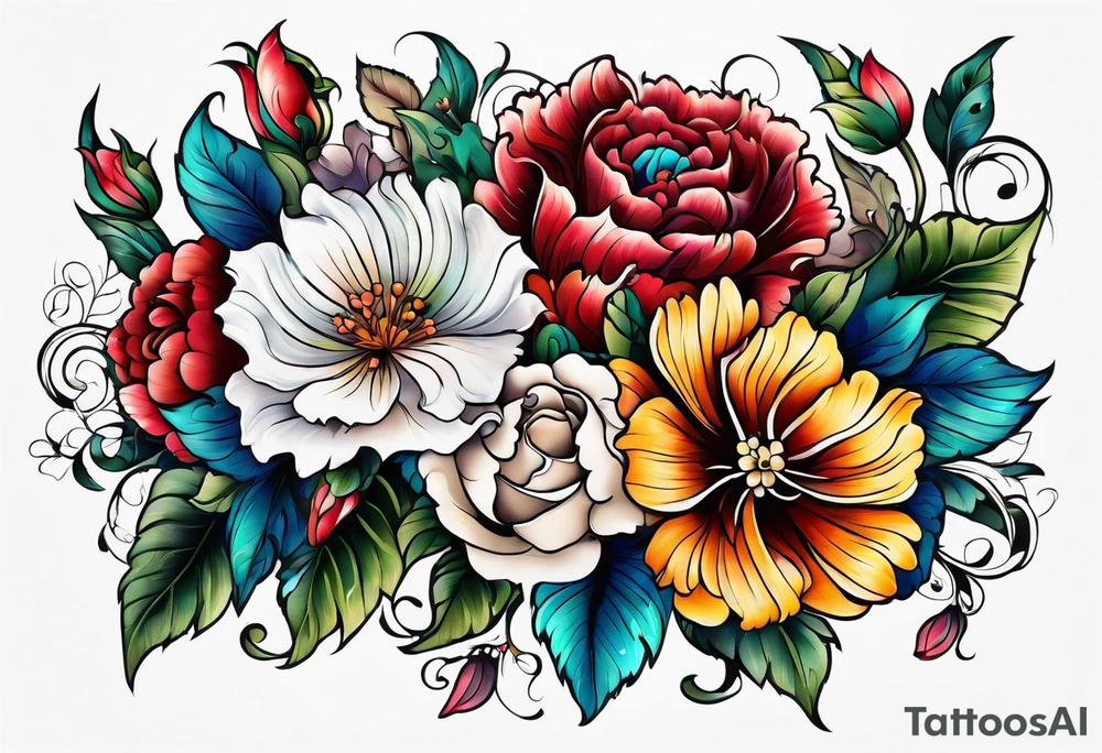 Floral leg piece with beading and lace tattoo idea. colorful, old school flowers, highly detailed, florals. white background. intricate highly detailed, tattoo idea