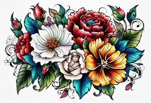 Floral leg piece with beading and lace tattoo idea. colorful, old school flowers, highly detailed, florals. white background. intricate highly detailed, tattoo idea