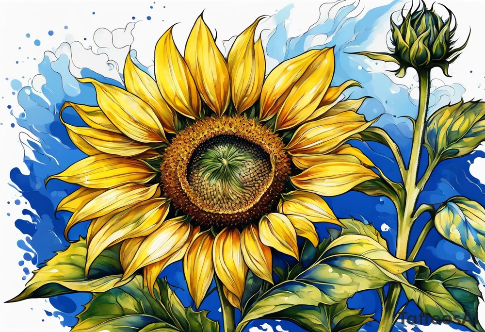a yellow sunflower bloom with blue highlights tattoo idea